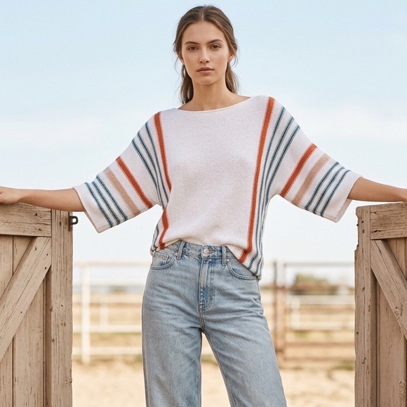 Sweaters - 80's Core Womens White Striped Boat Neck Sweater 3/4 Sleeve Casual Knit Top